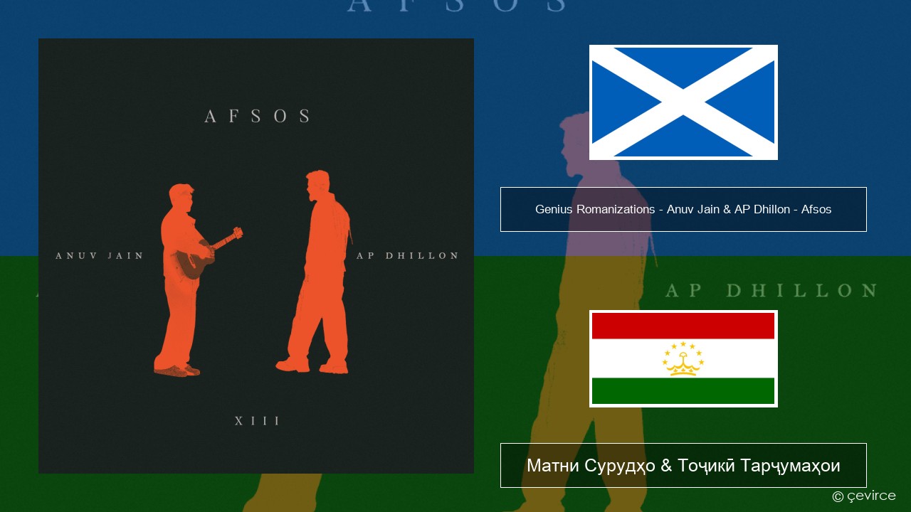 Genius Romanizations – Anuv Jain & AP Dhillon – Afsos (Romanized) Шотландский гэльский Матни Сурудҳо & Тоҷикӣ Тарҷумаҳои